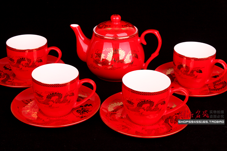 醴陵瓷器红瓷金龙万寿9头茶具 陶瓷套装结婚实用礼品盒装特价