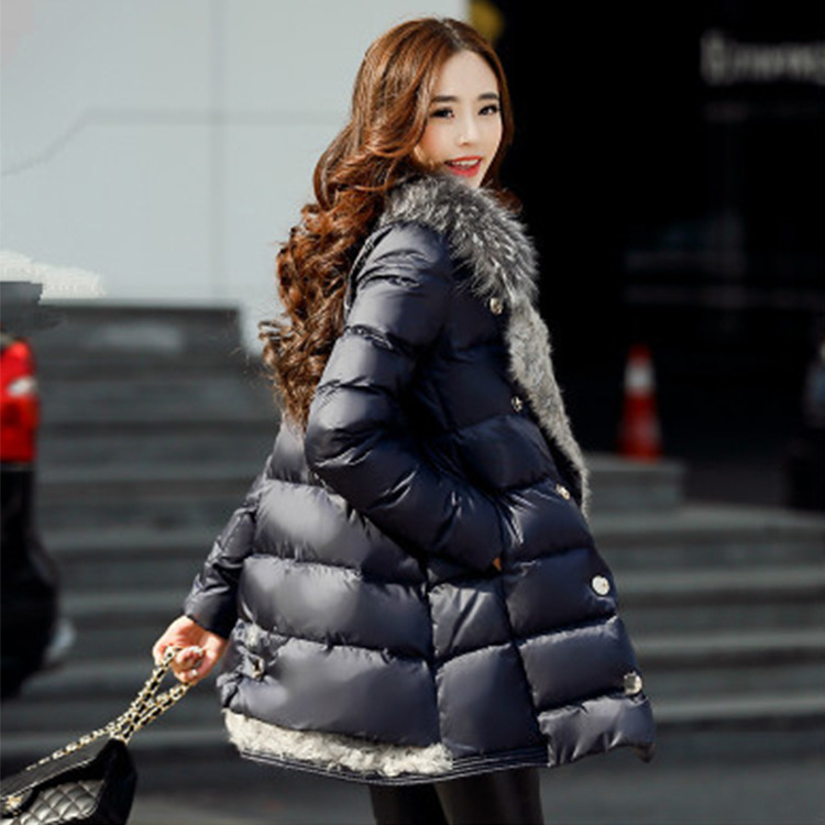 2015韩版新款冬装真羊羔毛貉子毛领拼接羽绒服女中长款加厚斗篷女