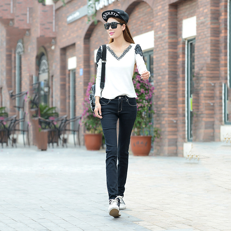 2015春秋女式牛仔裤黑色直筒长裤香港MOKO 弹力修身韩版直筒长裤