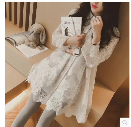 春装新款2016韩版女装宽松全蕾丝纯色中长款衬衫连衣裙公主裙学生