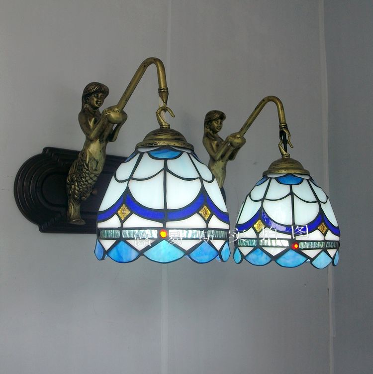地中海简约蓝色镜前双头美人鱼壁灯蒂凡尼琉璃阳台洗手台灯具灯饰