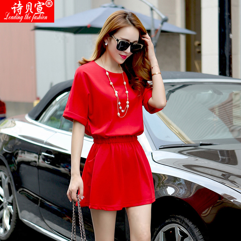 2015夏装新款雪纺连衣裙女装韩版显瘦红色中长款短袖收腰a字裙子