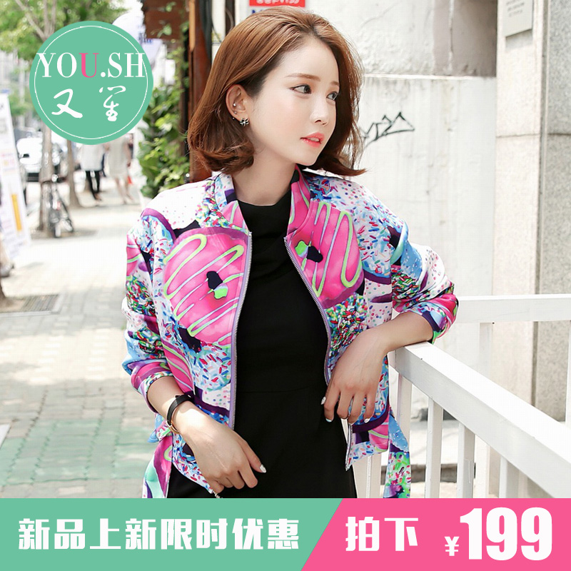 2016春装新款韩版原创太空棉个性印花夹克棒球服短外套女显瘦上衣