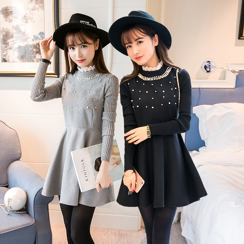 韩国代购2016秋冬季新品女装长袖修身显瘦中长款a字裙