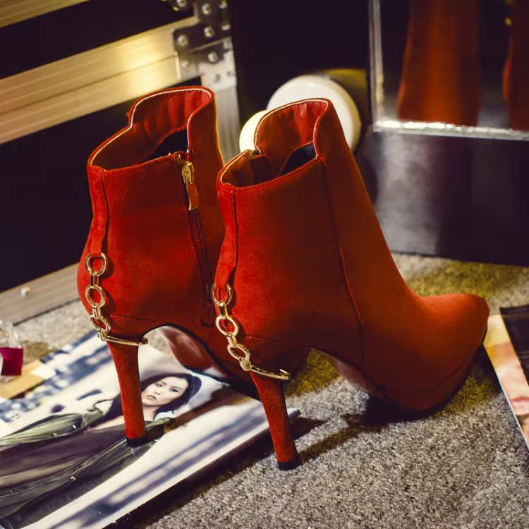 秋冬欧美高跟短靴真皮品质精致优雅高品质年货节红色婚鞋必备包邮
