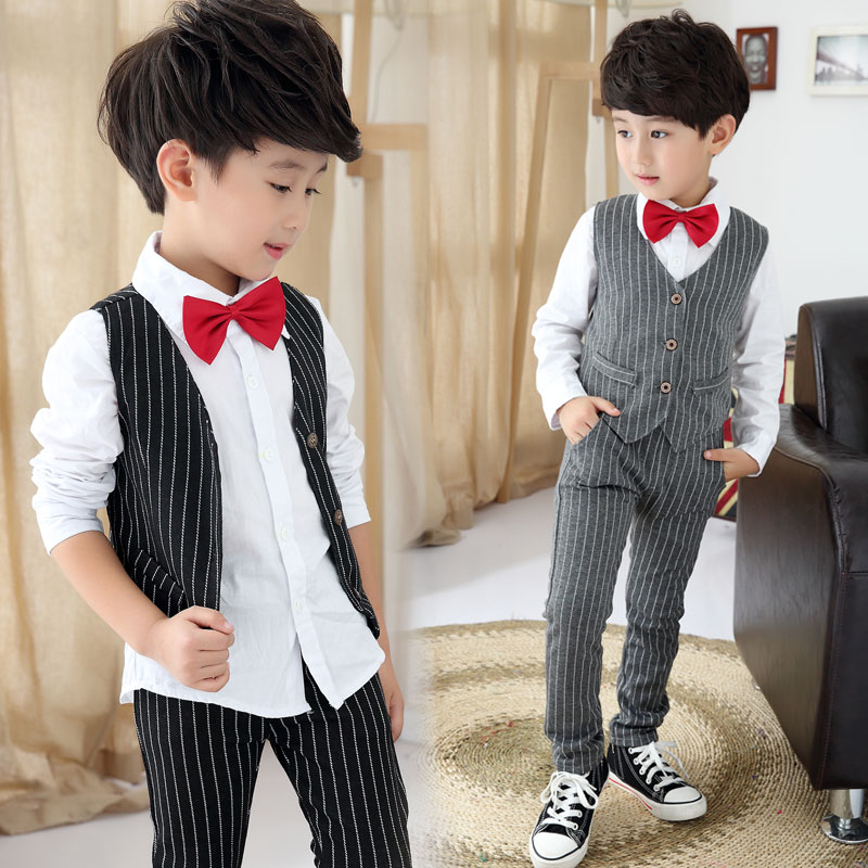 童装男童秋装儿童套装长袖2015马甲韩版中大童潮男孩条纹三件套装