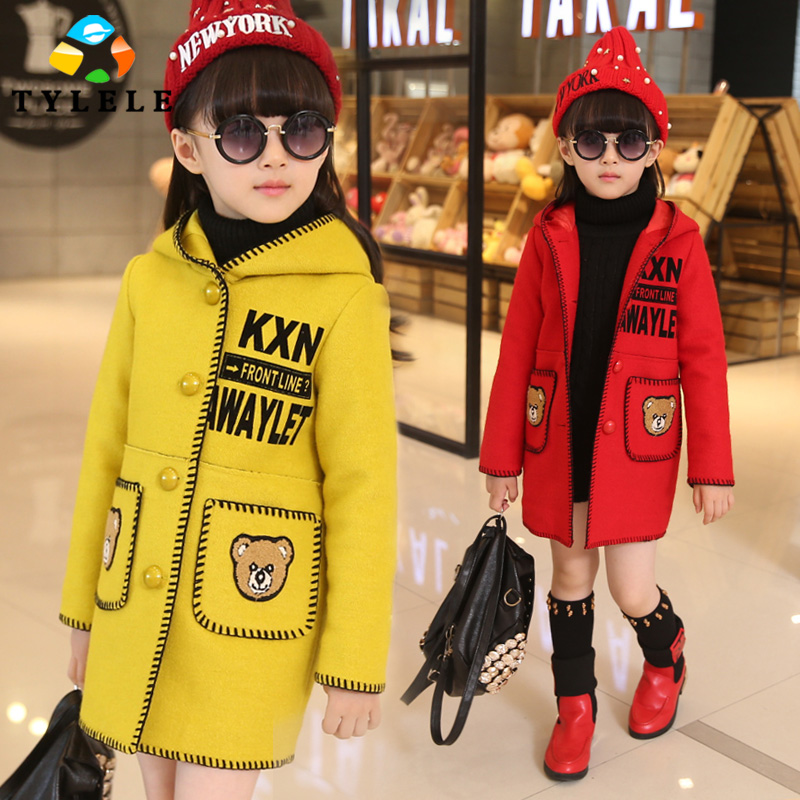 2015冬季新品 韩版时尚撞色字母可爱小熊刺绣女童连衣帽外套