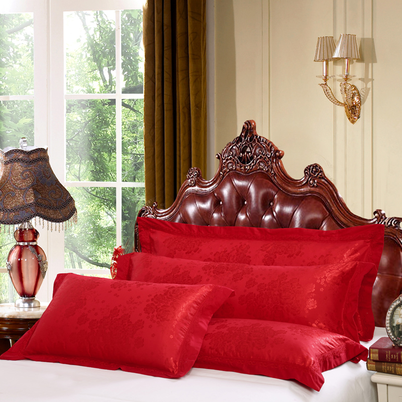 大红色婚庆丝棉贡缎提花单双人枕套1.2m1.5米1.8米情侣长枕头芯套