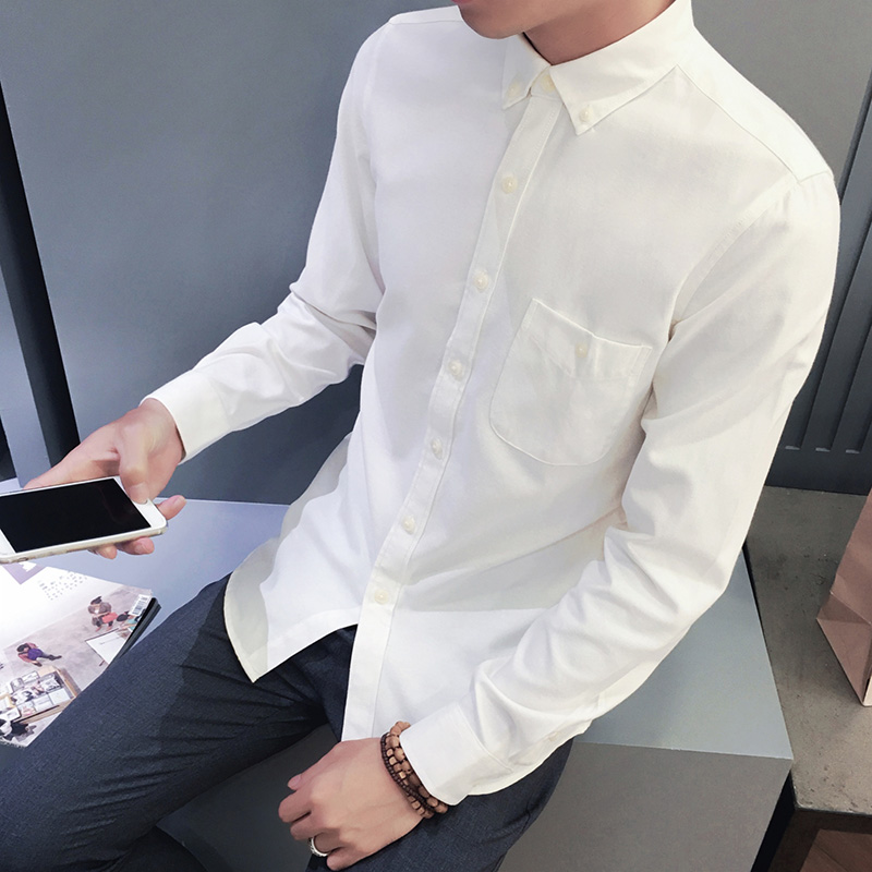 日系韩版纯色 秋季新款时尚修身潮流都市青年学生男士长袖衬衫男