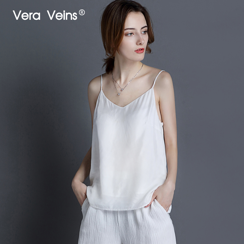Vera Veins夏季新款欧美高街百搭宽松真丝铜氨丝吊带背心女 黑/白