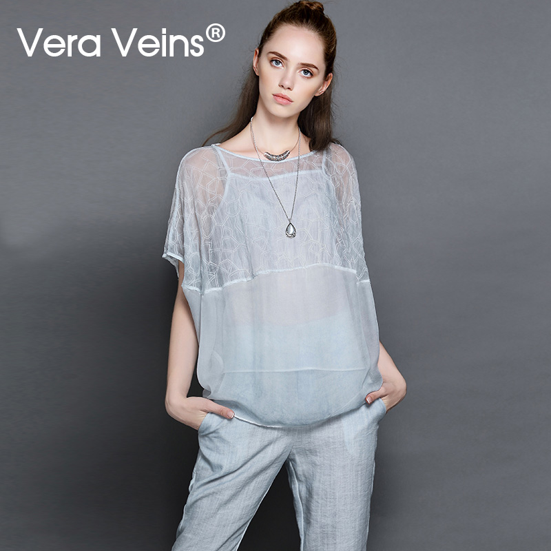 Vera Veins夏季文艺宽松两件套桑蚕丝绣花圆领短袖真丝上衣