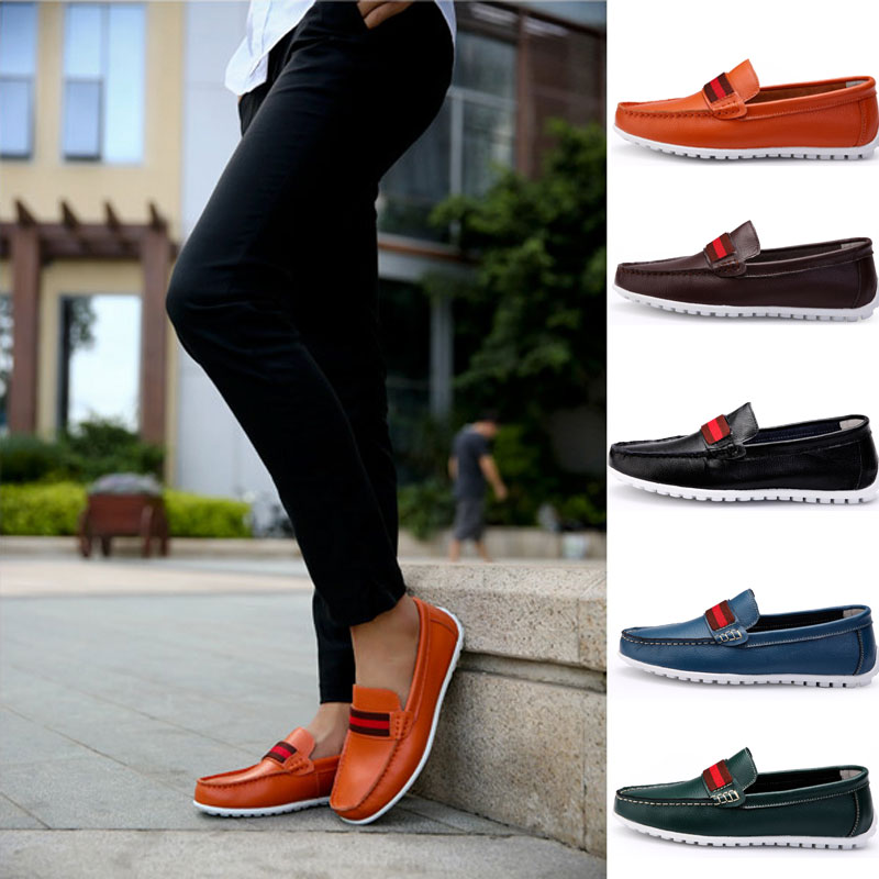 2015年新款韩版男豆豆鞋商务休闲潮流行真皮低帮黑桔绿蓝棕男鞋08