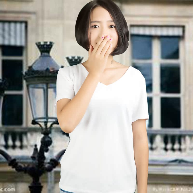 夏季修身短袖女t恤显瘦夏常规白色纯棉v领体恤纯白色韩版打底衫潮