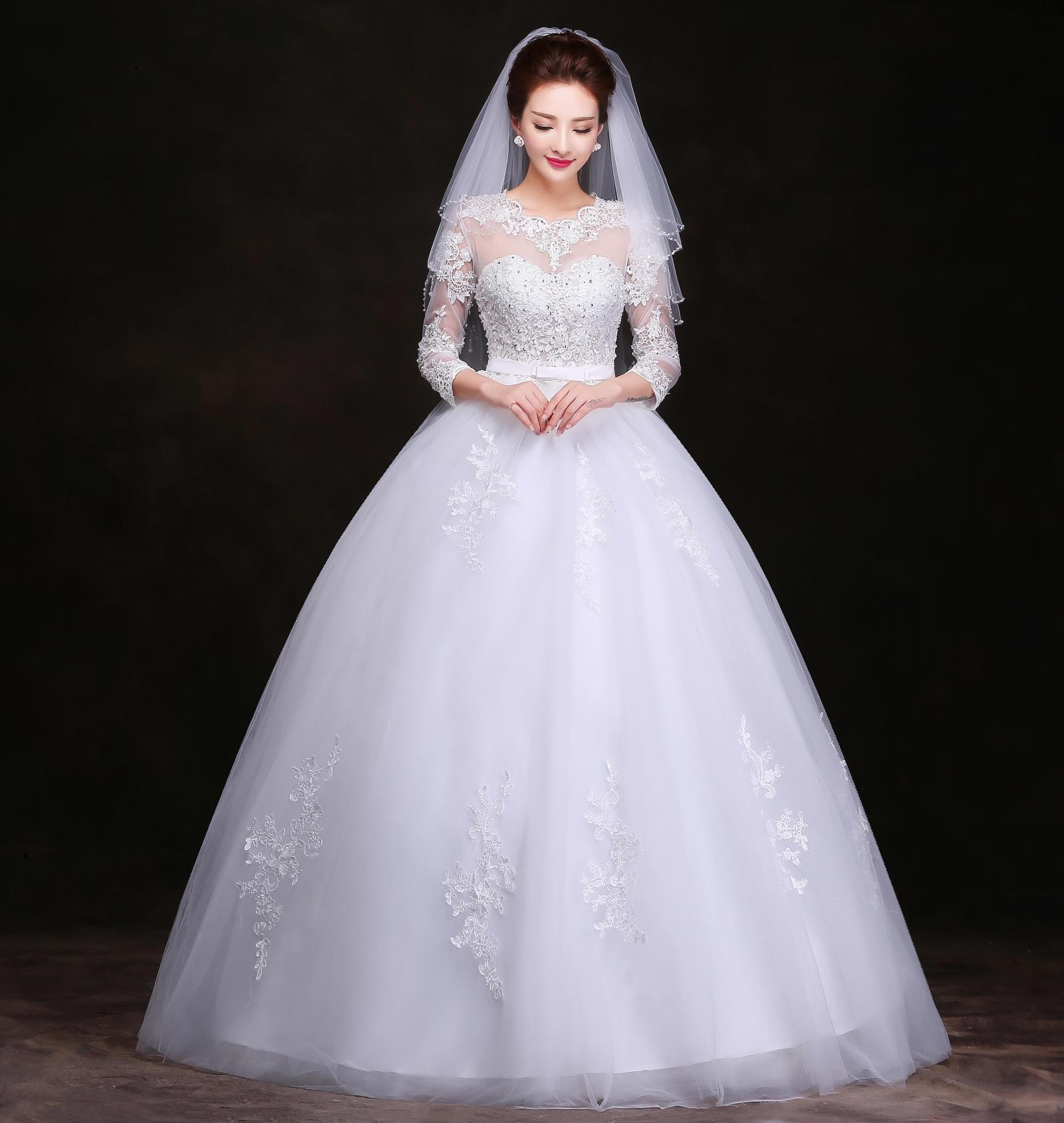 韩版婚纱包邮新款2015酒店室内蓬蓬裙冬季长袖一字肩蕾丝出门纱