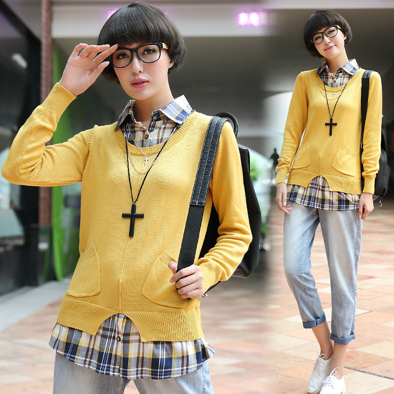 学生装假两件套头毛衣衬衫女长袖2014秋装新款韩版宽松中长款针织