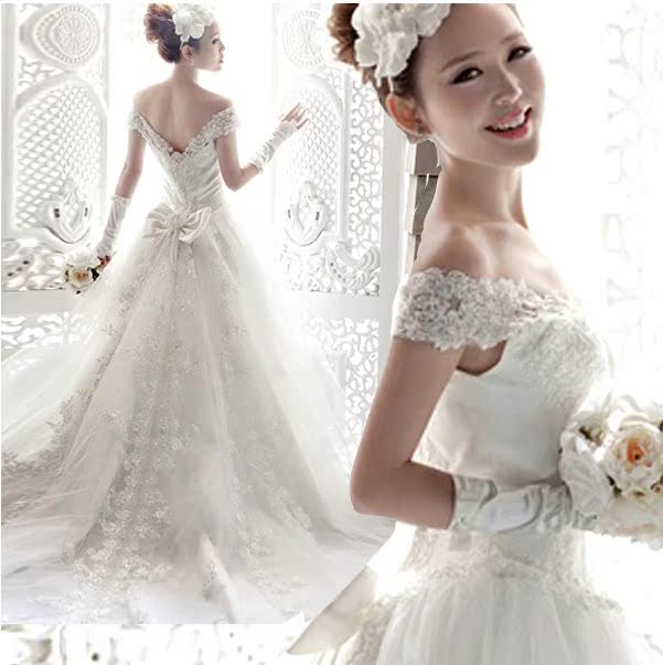 新款韩式修身显瘦深v领一字肩绑带拖尾公主新娘蕾丝席地婚纱礼服
