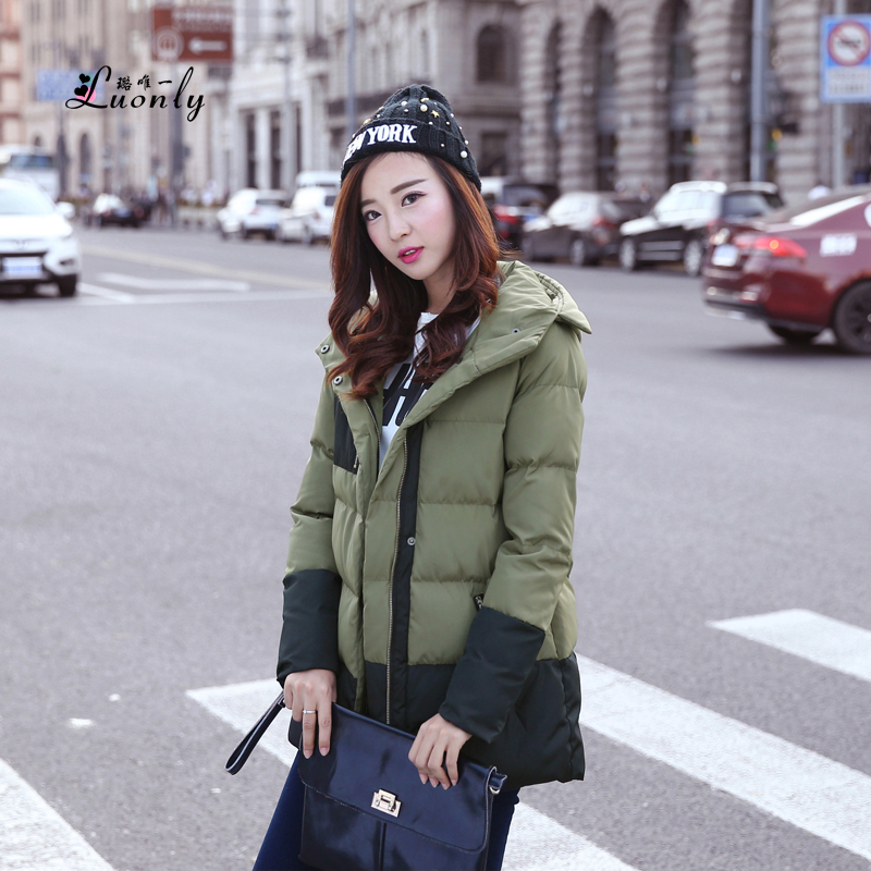 2015新款韩国冬装连帽面包服加厚棉服女中长款拼接棉衣外套女棉袄