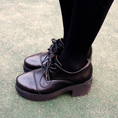2015韩版春季新款粗跟厚底单鞋 百搭黑色学院风系带女鞋 韩国潮鞋
