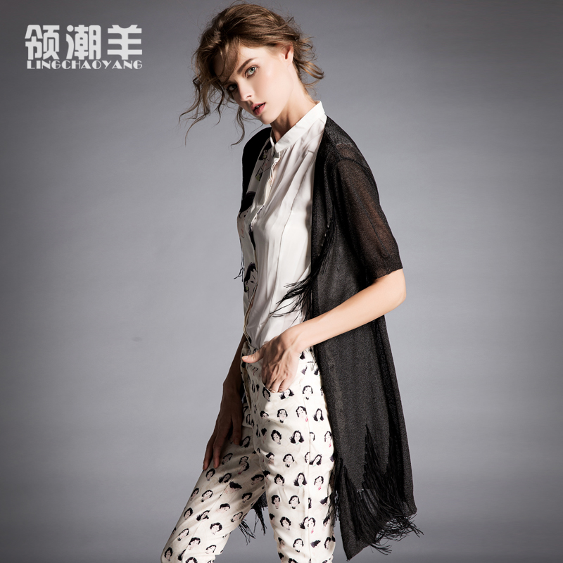 2015新款韩版流苏中长款开衫披肩女夏薄款防晒衫镂空短袖开衫