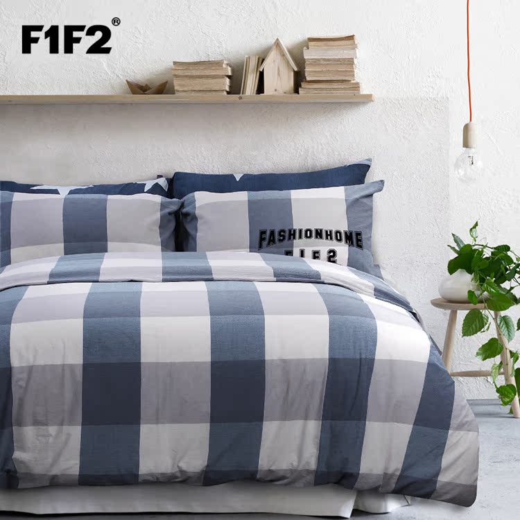 F1F2家纺 纯棉特价床上用品全棉色织水洗布超柔四件套 条纹大灰格