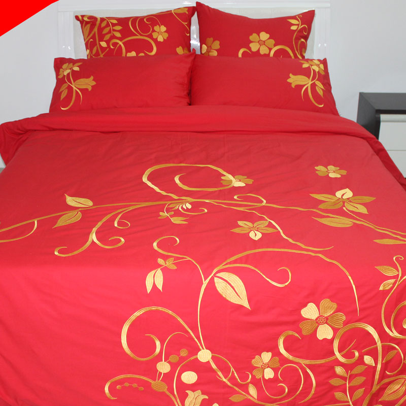 2015新款外销品牌欧式婚庆纯棉绣花红色床上用品六件套1.8米2米床