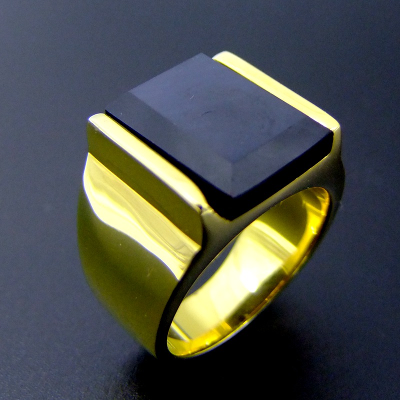 黑玛瑙戒指男钛钢韩版方欧美个性金银色饰品潮男霸气创意宝石指环