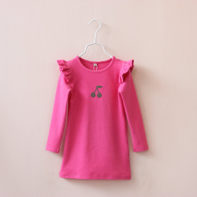 女童长袖打底衫 2015秋款童装 儿童樱桃图案小飞袖中长款T恤