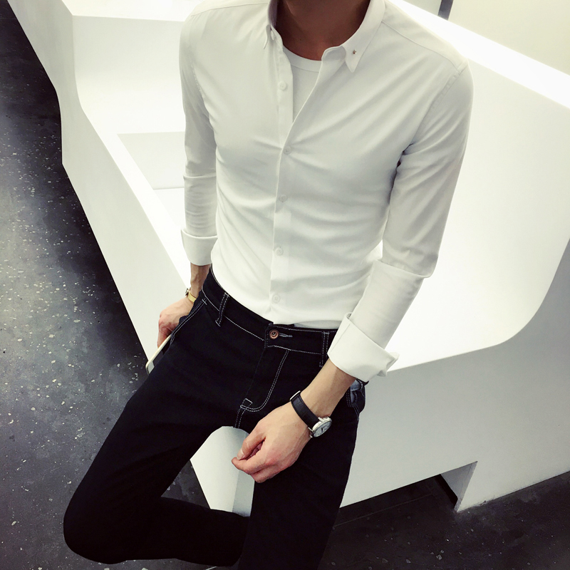 韩国秋季男士长袖衬衫韩版修身纯色发型师免烫寸衫时尚薄款衬衣潮