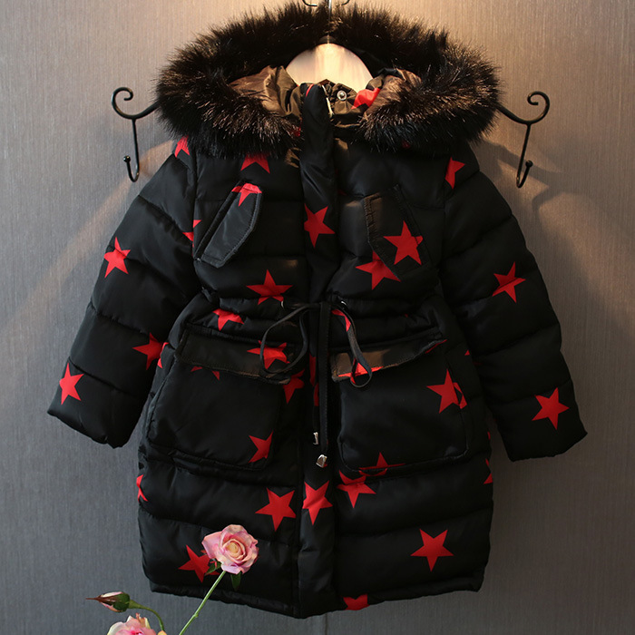 提米2015冬款新款小星星图案毛领连帽棉衣儿童中长款女童韩版棉服