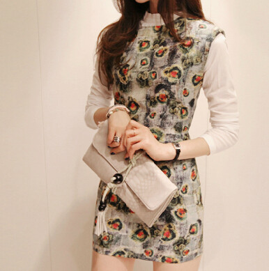 2015新款韩版 2件套印花长袖连衣裙  套装