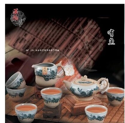 汉陶张生 手彩青花陶有鱼套组 功夫茶具套装 整套陶瓷茶具包邮