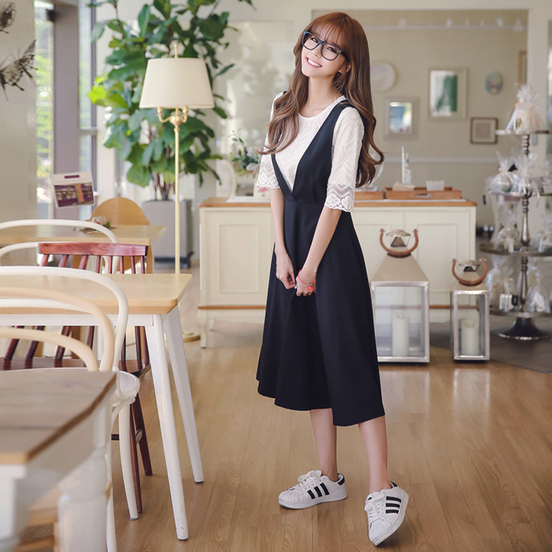 2016夏款韩版两件套蕾丝上衣 中长款显瘦背带棉麻连衣裙