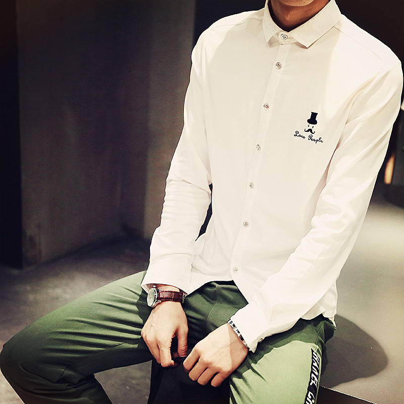 韩版夏季男薄长袖衬衫刺绣男士秋季长袖衬衫青少年学生修身衬衣潮