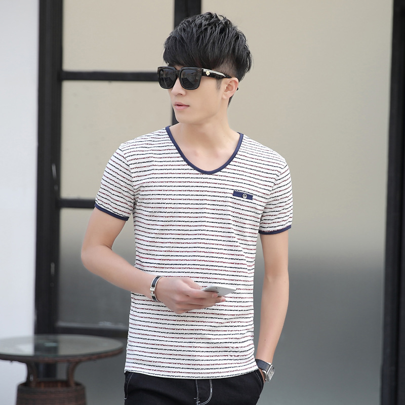 厂家直销 2016夏季新款休闲男士短袖T恤 纯棉V领韩版条纹修身半袖
