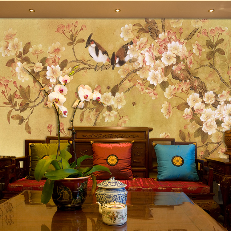中式花鸟大型壁画壁纸沙发装饰画客厅电视背景墙墙纸无纺布一整张