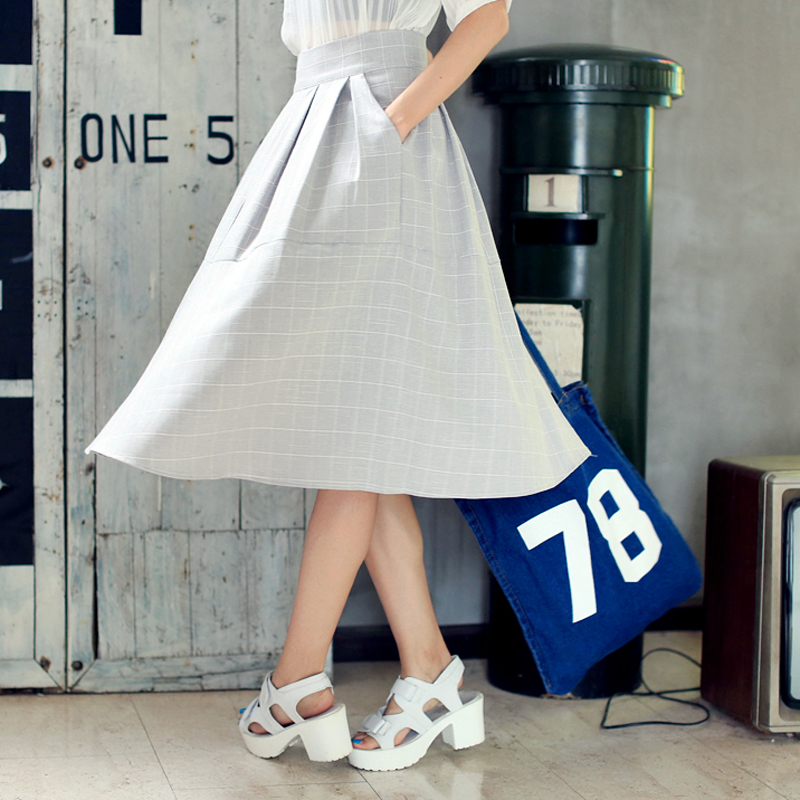 韩国东大门2015夏季新款修身显瘦复古高腰格子中长裙半身裙子女