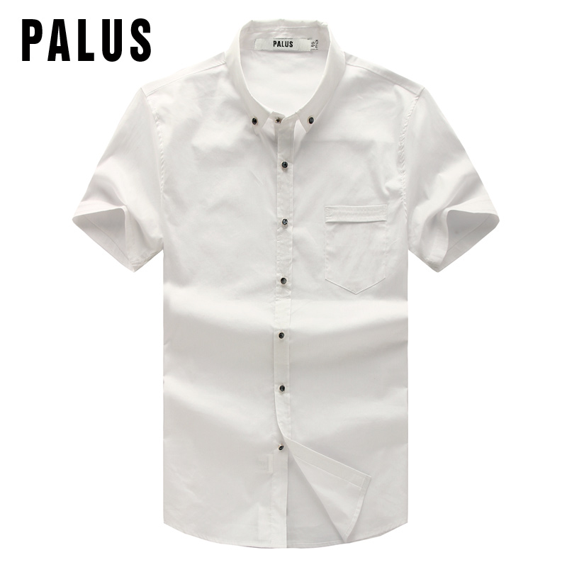PALUS2015新款纯色男装衬衣 韩版修身方领白色免烫男短袖衬衫