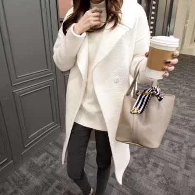 2015秋冬新款韩版翻领毛呢外套女中长款白色修身显瘦羊绒呢子大衣