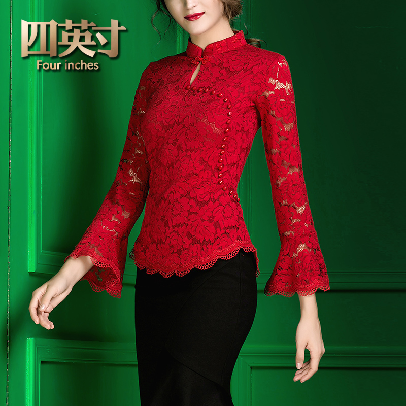 四英寸2016新款复古中国风蕾丝衫上衣女 红色长袖秋装打底衫84950