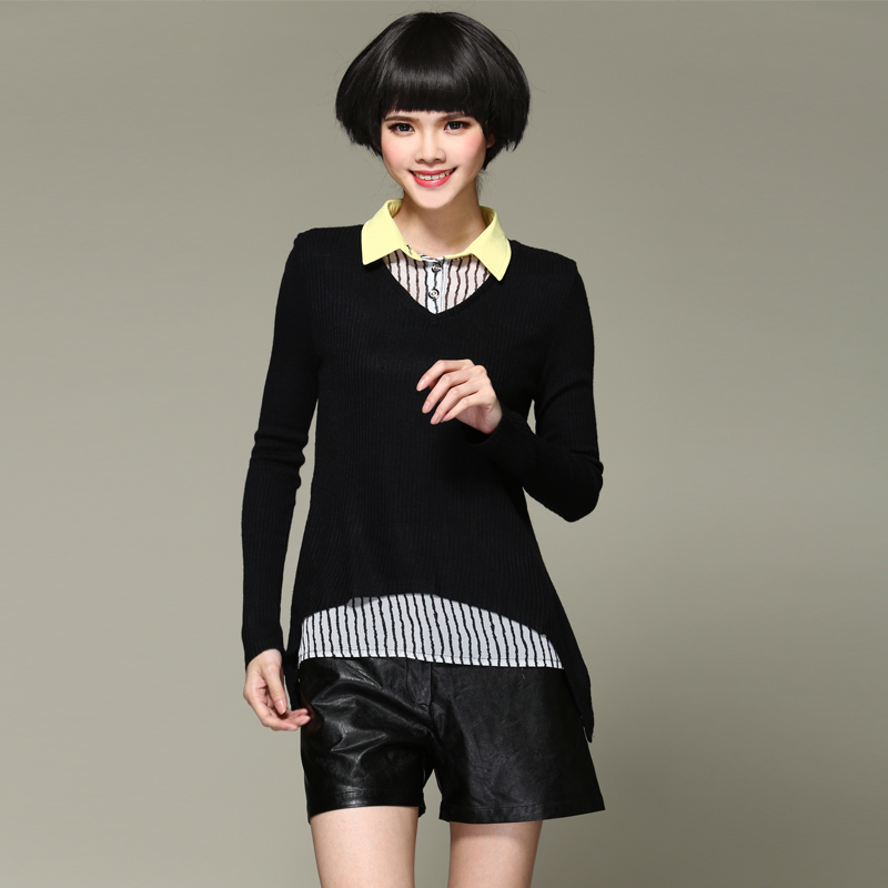 ioeoi1145大码女装 2015新款假两件拼接时尚羊毛混纺套头针织衫
