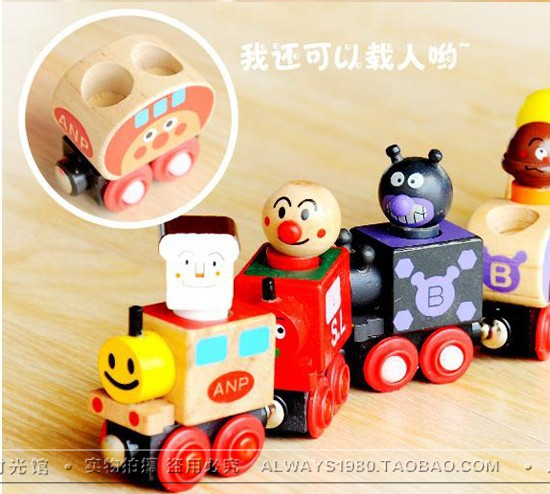 正负极磁性面包超人组合跟屁虫车 儿童小玩具木制玩具拖拉小火车