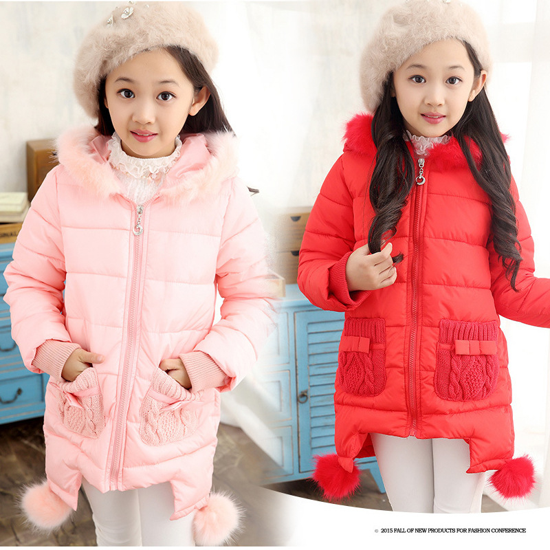 女童棉衣儿童冬季新款加厚棉袄纯色毛毛球最热销儿童必备新款童装