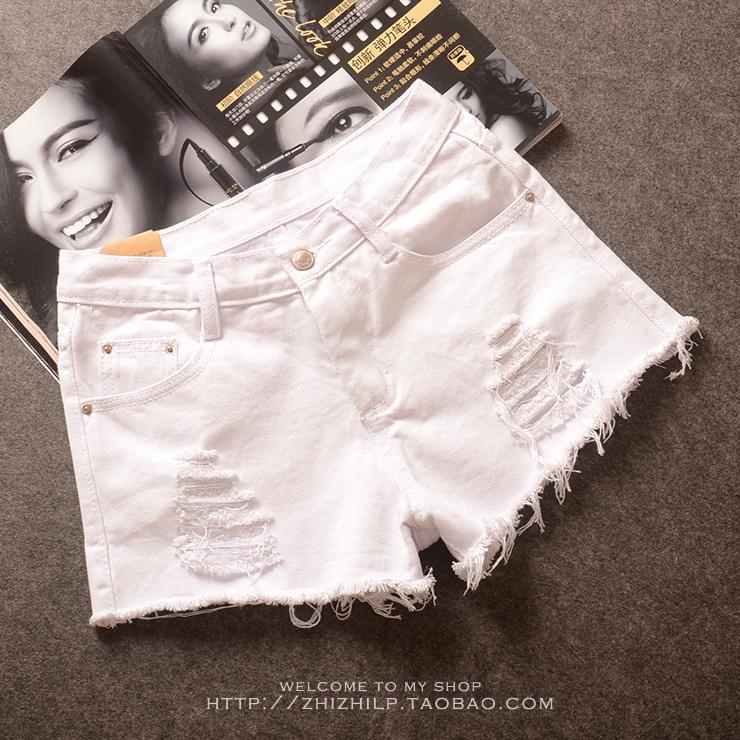 2015韩版大码女装夏装新款热裤修身休闲显瘦磨破洞潮白色牛仔短裤