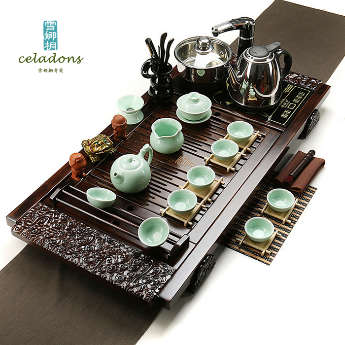 龙泉青瓷茶具套装四合一特价整套功夫陶瓷茶具电磁炉实木茶盘