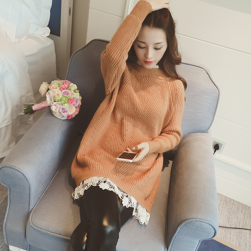 2016秋冬装韩国新款蕾丝拼接针织假两件连衣裙中长款加厚套头毛衣