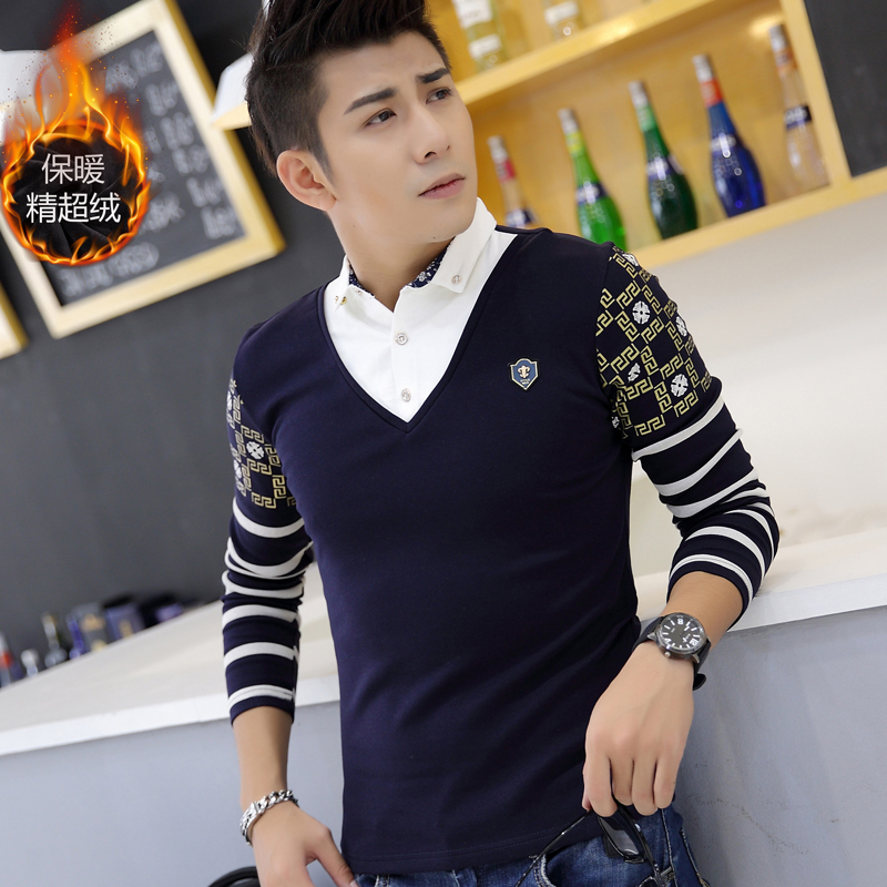 青少年秋冬季长袖T恤男装条纹时尚假两件体恤衫韩版修身打底衫潮