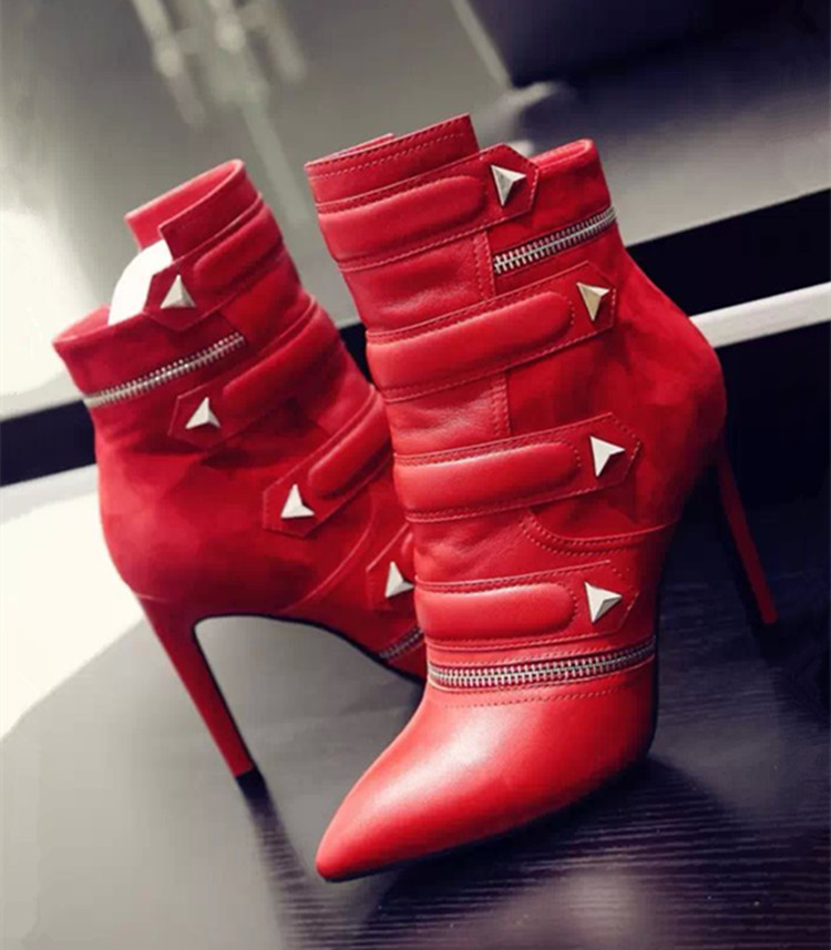 欧美性感单靴细跟超高跟女鞋短靴秋冬季尖头真皮及踝靴红色马丁靴