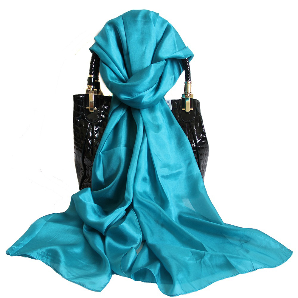 蓝色纯色真丝丝巾女薄款桑蚕丝丝绸围巾长款披肩两用春秋冬季纱巾