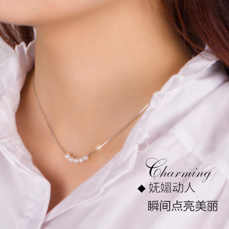 s925纯银项链 女款 韩版时尚五颗珍珠套链 纯银饰品 含链子 包邮