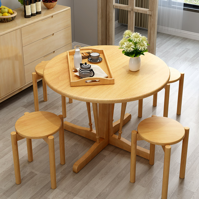 进口实木圆形餐桌 家用木质客厅小型饭桌 卧室原木小户型餐桌